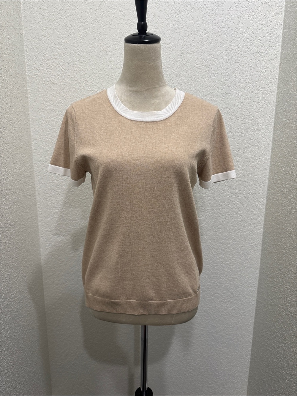 Calvin Klein Beige Short Sleeved Sweater with White Trim